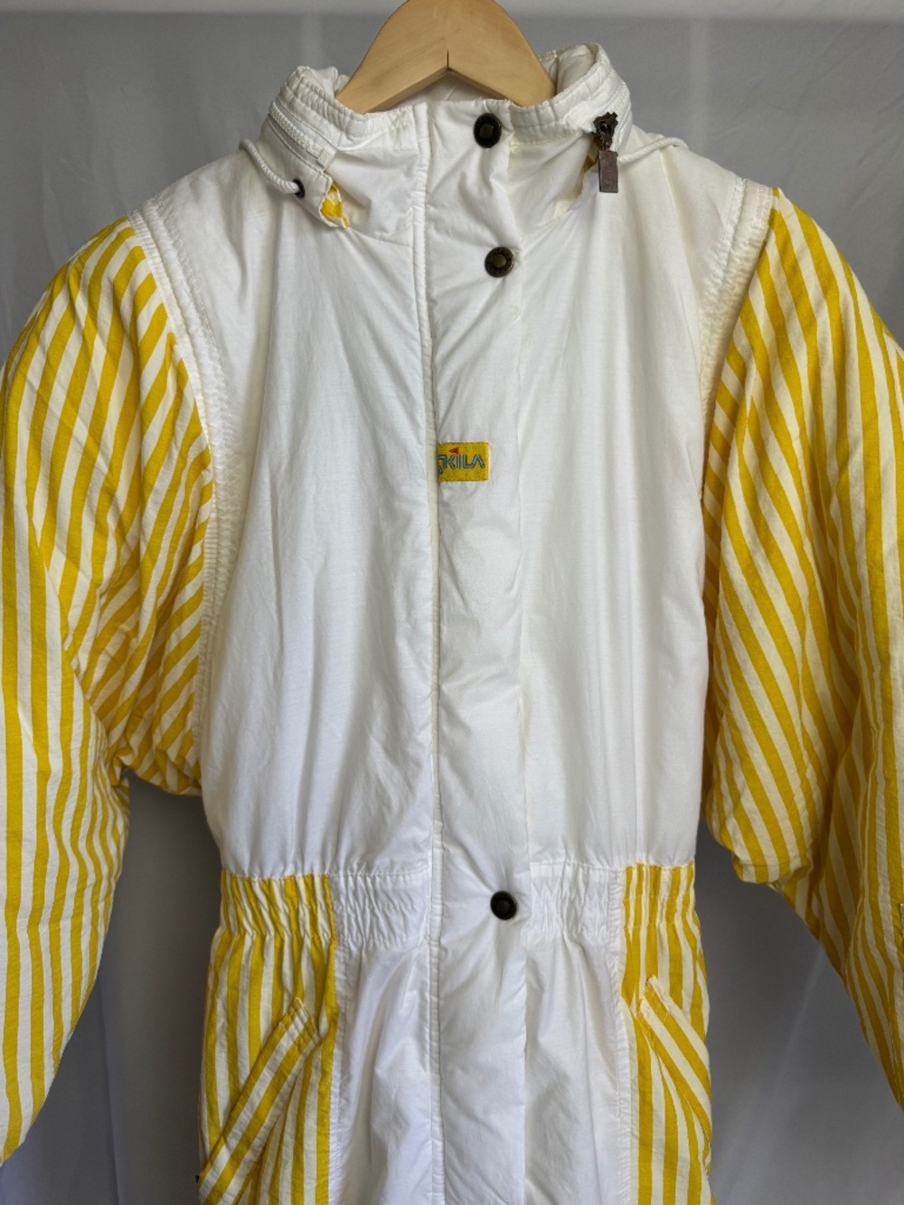 Vintage Skila Snow Seekers One-Piece Ski Suit Yellow Stripe Made in Finland EU38
